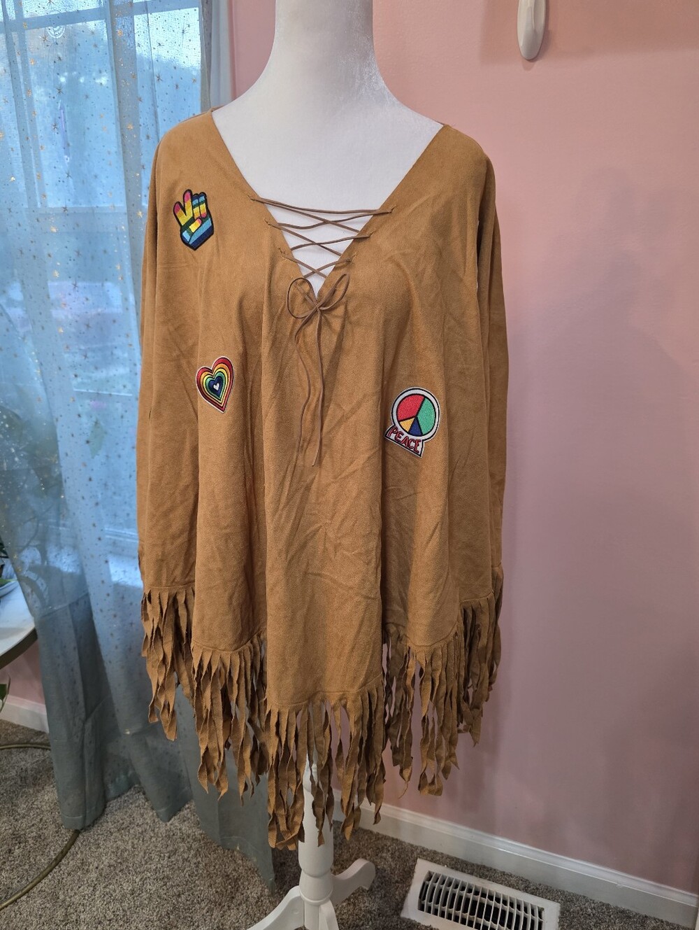 Spirit Boho Hippie Fringe Poncho Top Peace Rainbow Patches One Size